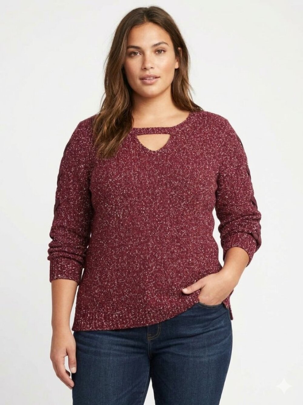 Rock & Republic XXL Burgundy Long Sleeve Lace-up Accents Marled Sweater